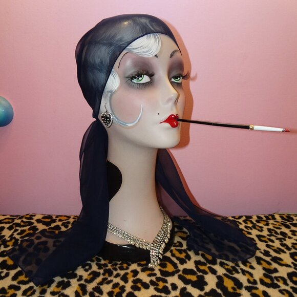 Vintage Dark Navy Blue Sheer Nylon Neck Scarf pinup retro rockabilly head wrap - Picture 15 of 15